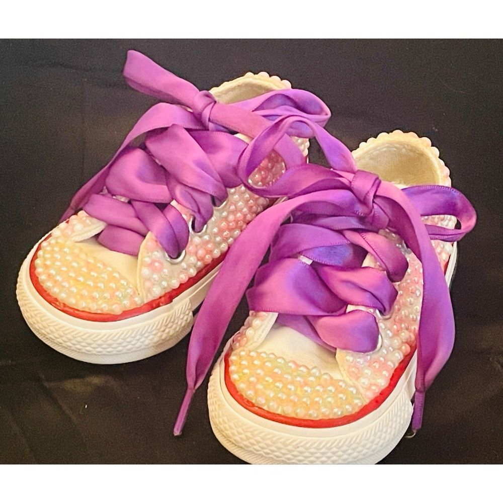 Converse Customized Baby Kids Pearl-Embellished Sneakers with Purple Laces SZ 3